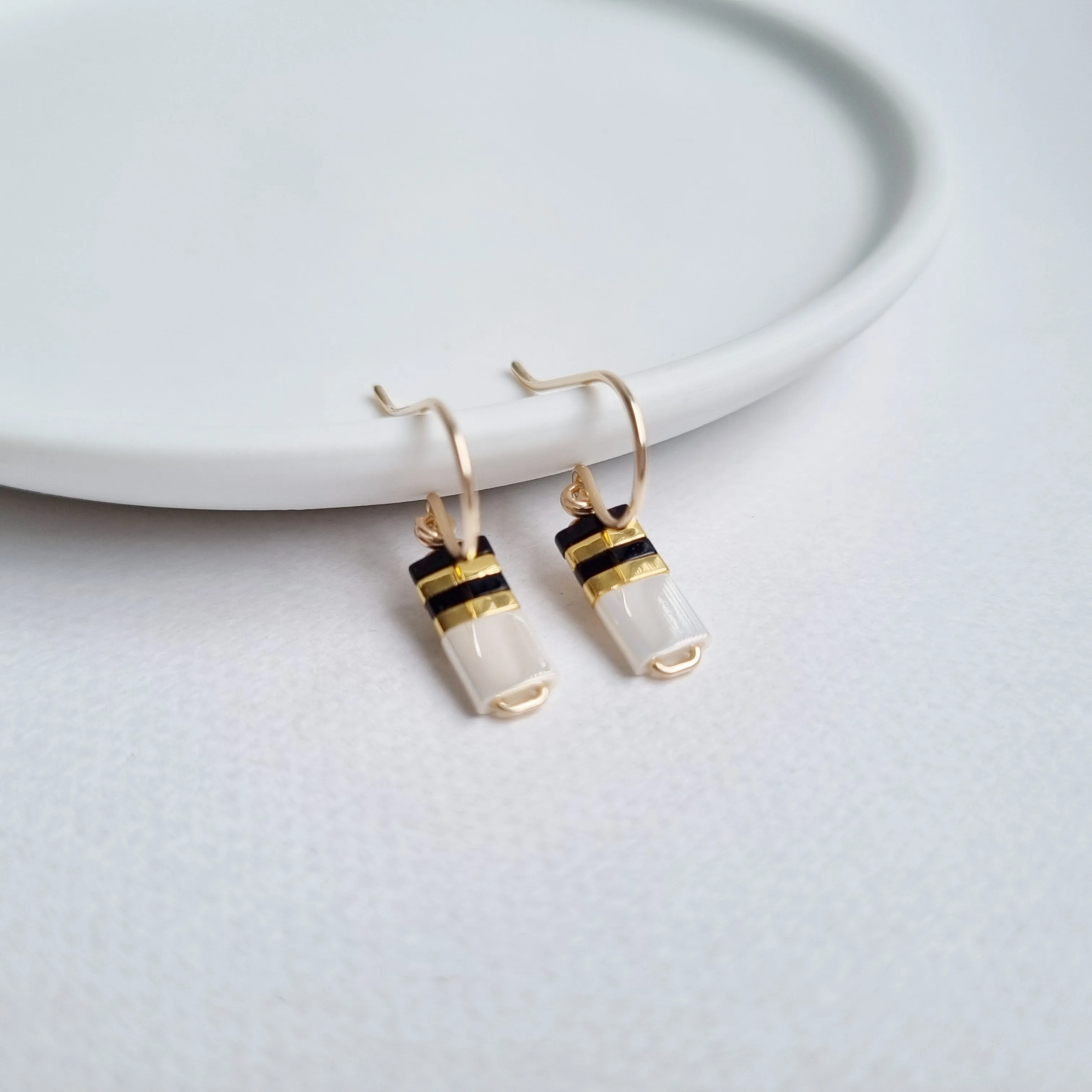 STAK Baby Earrings (Ivory & Black) / Japanese Beads | 14k Gold-filled