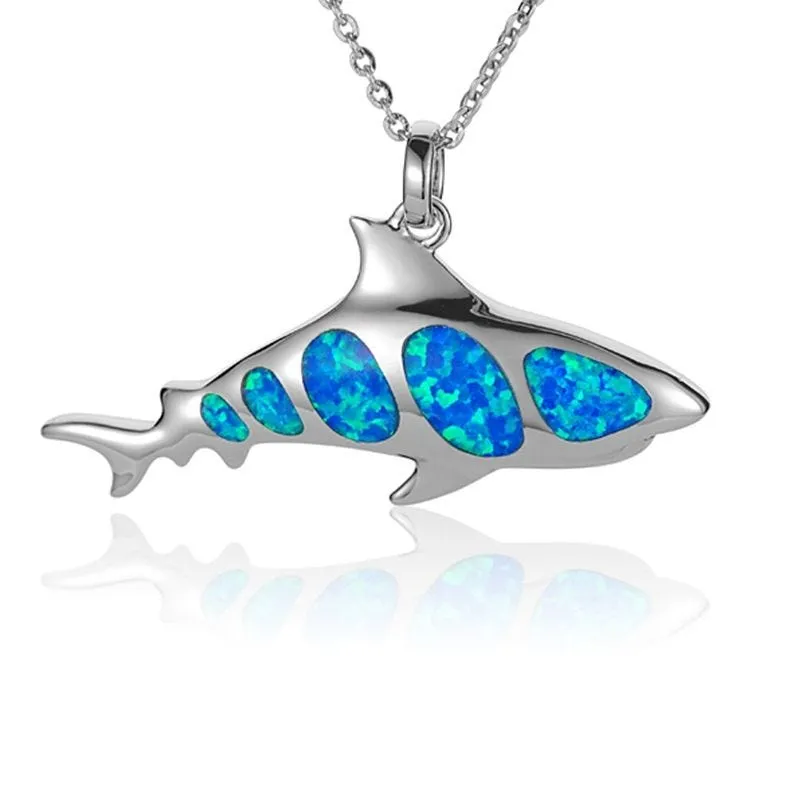 Sterling Silver Shark Necklace with Opal Inlay