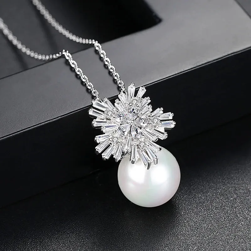 Stylish Clear CZ Flower Shell Pearl Pendant