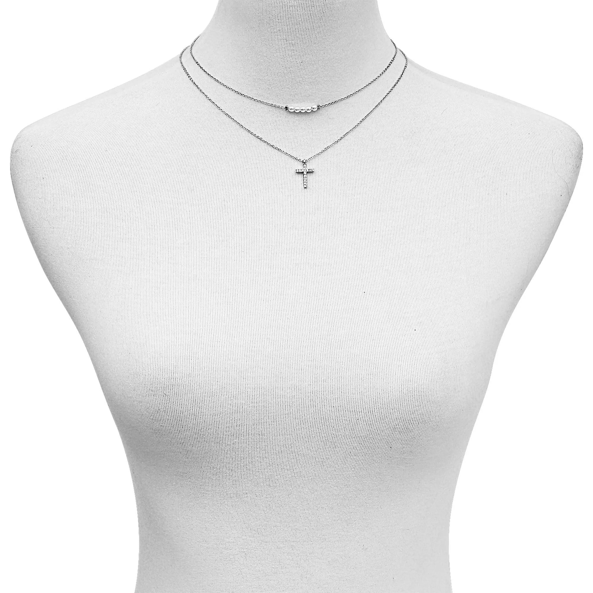 Time and Tru Women's Silver Tone Cross Pendant and Simulated Pearl Layered Necklace Set, 2-Piece