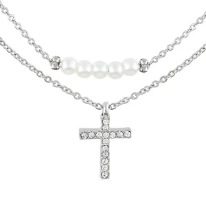 Time and Tru Women's Silver Tone Cross Pendant and Simulated Pearl Layered Necklace Set, 2-Piece