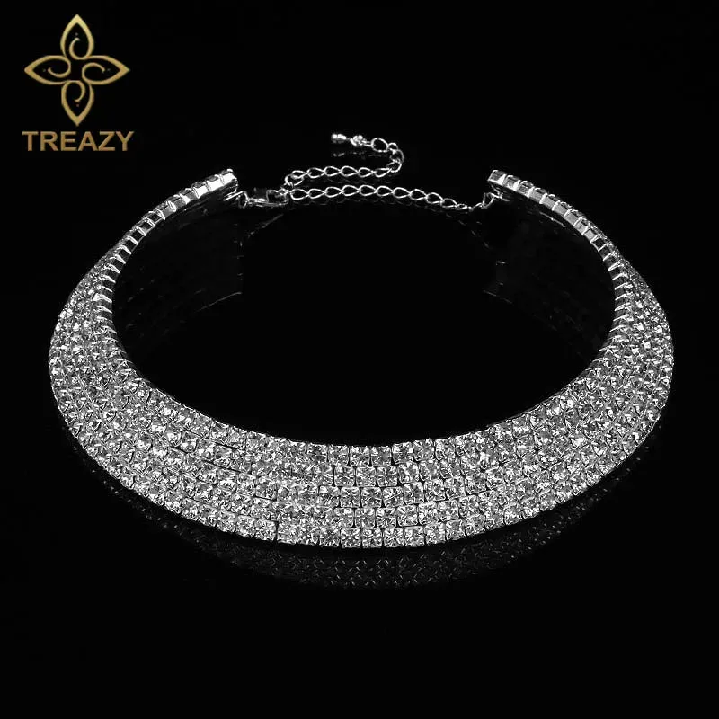 TREAZY Women Diamante Rhinestone Choker Necklace Silver Color Wedding Bridal Party Crystal Collar Choker Chain Necklace Jewelry