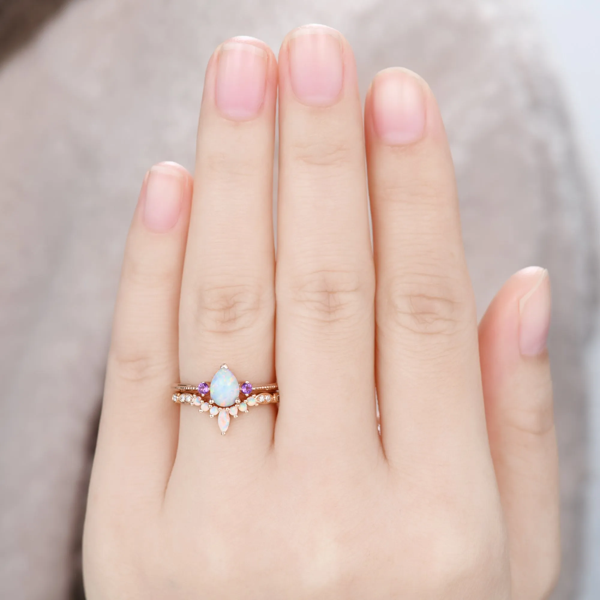 Unique Pear Opal Engagement Ring Set Rose Gold with Amethyst