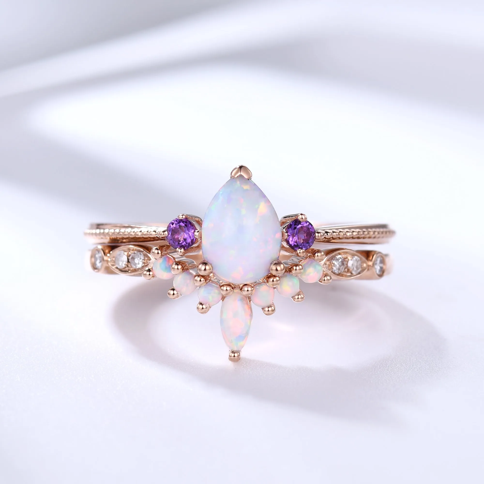 Unique Pear Opal Engagement Ring Set Rose Gold with Amethyst