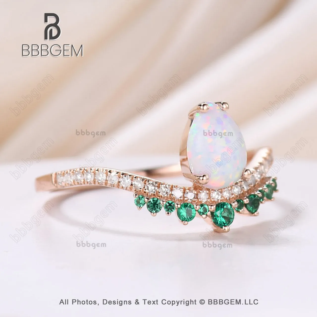 Vintage Opal Emerald Engagement Ring October Birthstone Art Deco Rose Gold Diamond Band