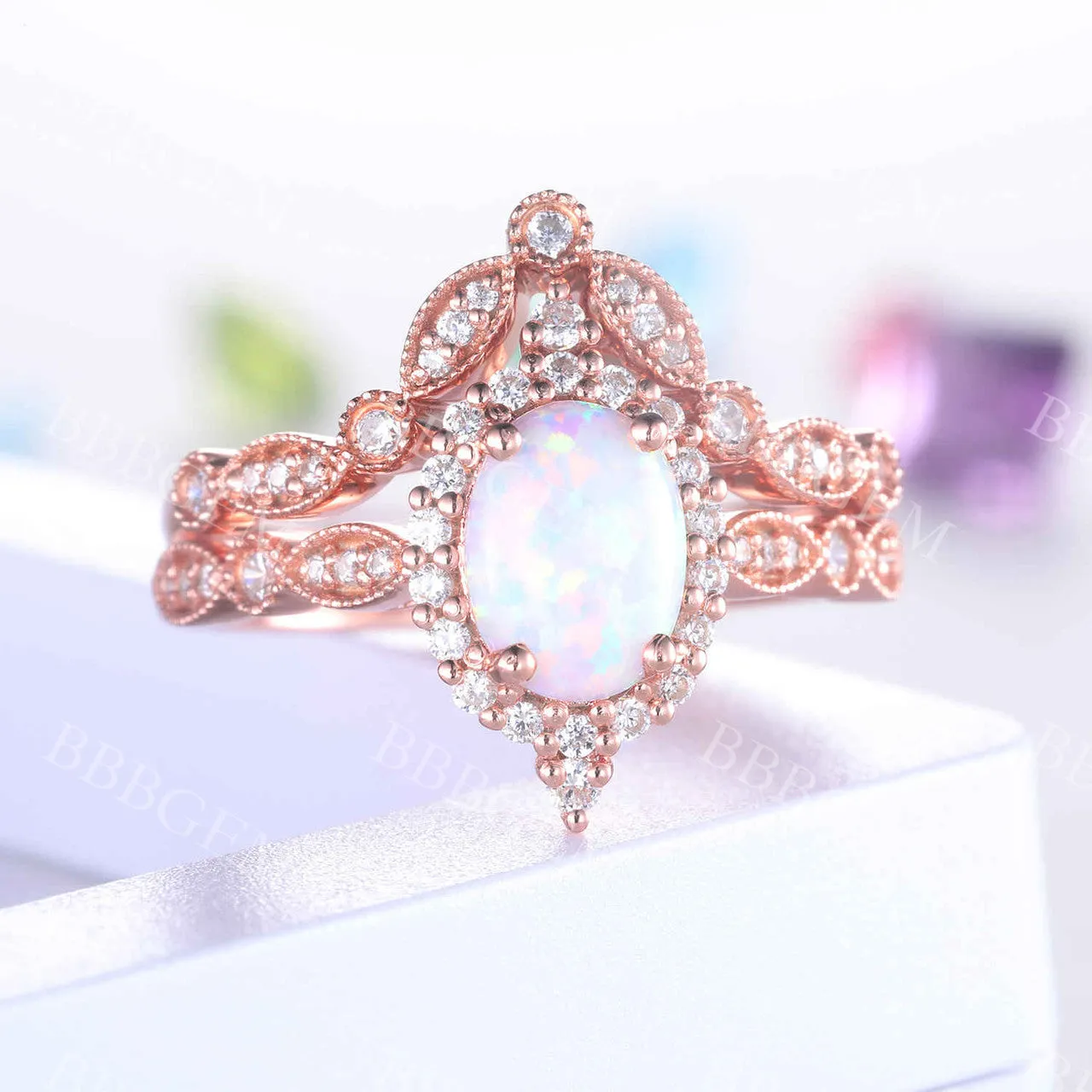 Vintage Oval White Opal Engagement Ring Set Marquise Chevron Wedding Band Halo Diamond Ring