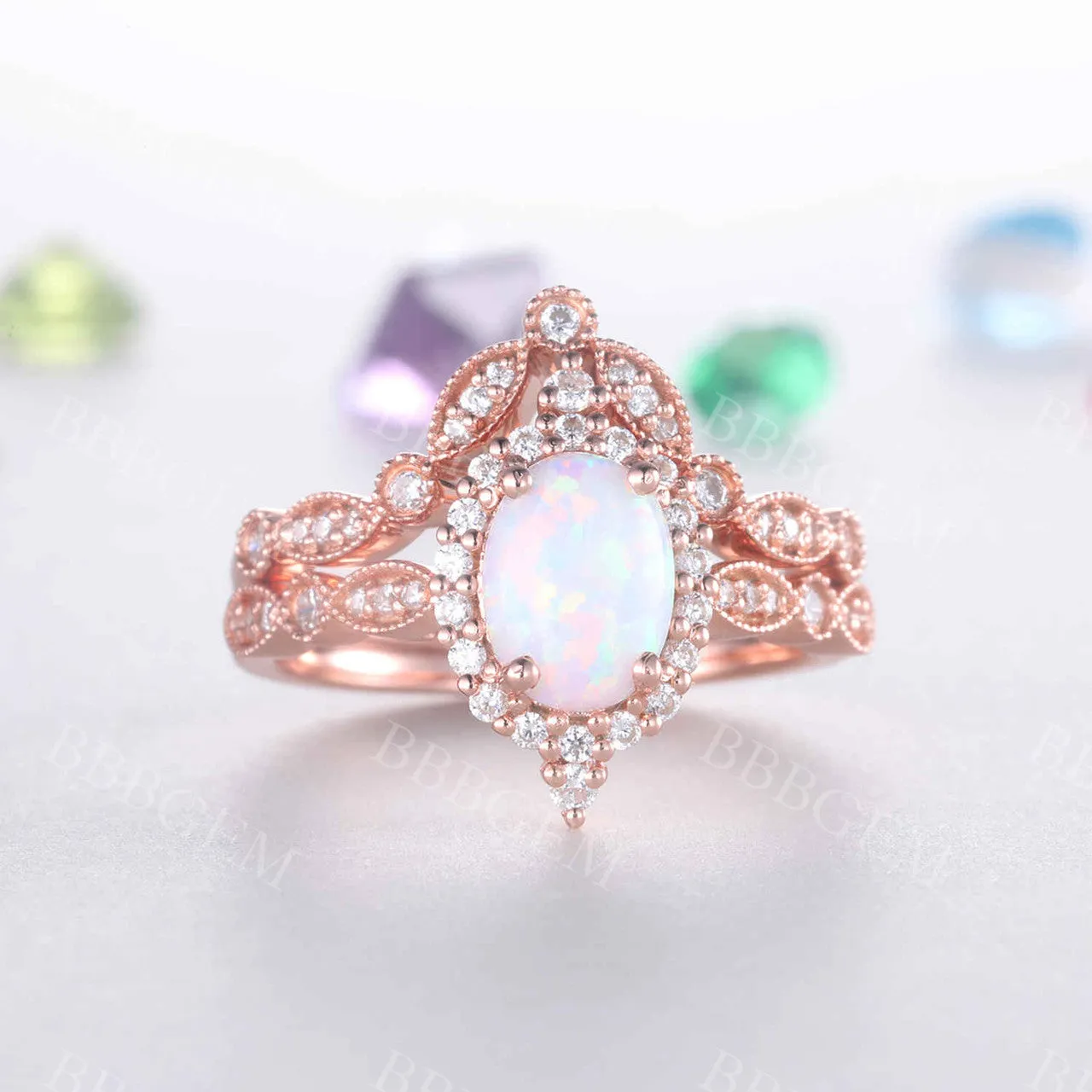 Vintage Oval White Opal Engagement Ring Set Marquise Chevron Wedding Band Halo Diamond Ring