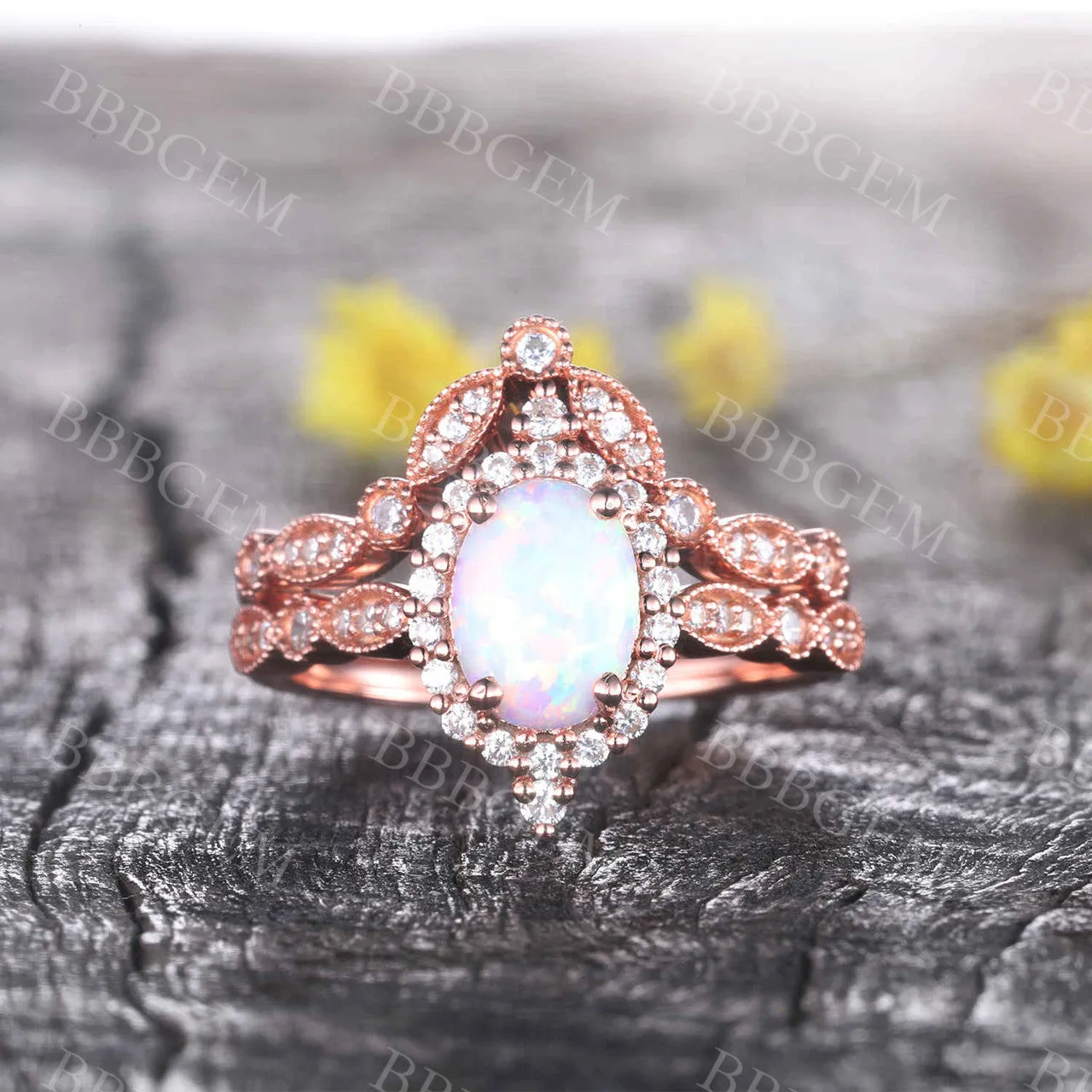 Vintage Oval White Opal Engagement Ring Set Marquise Chevron Wedding Band Halo Diamond Ring