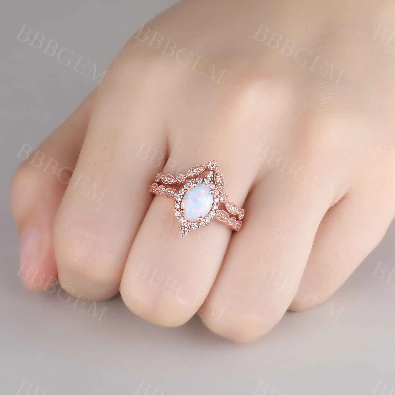 Vintage Oval White Opal Engagement Ring Set Marquise Chevron Wedding Band Halo Diamond Ring