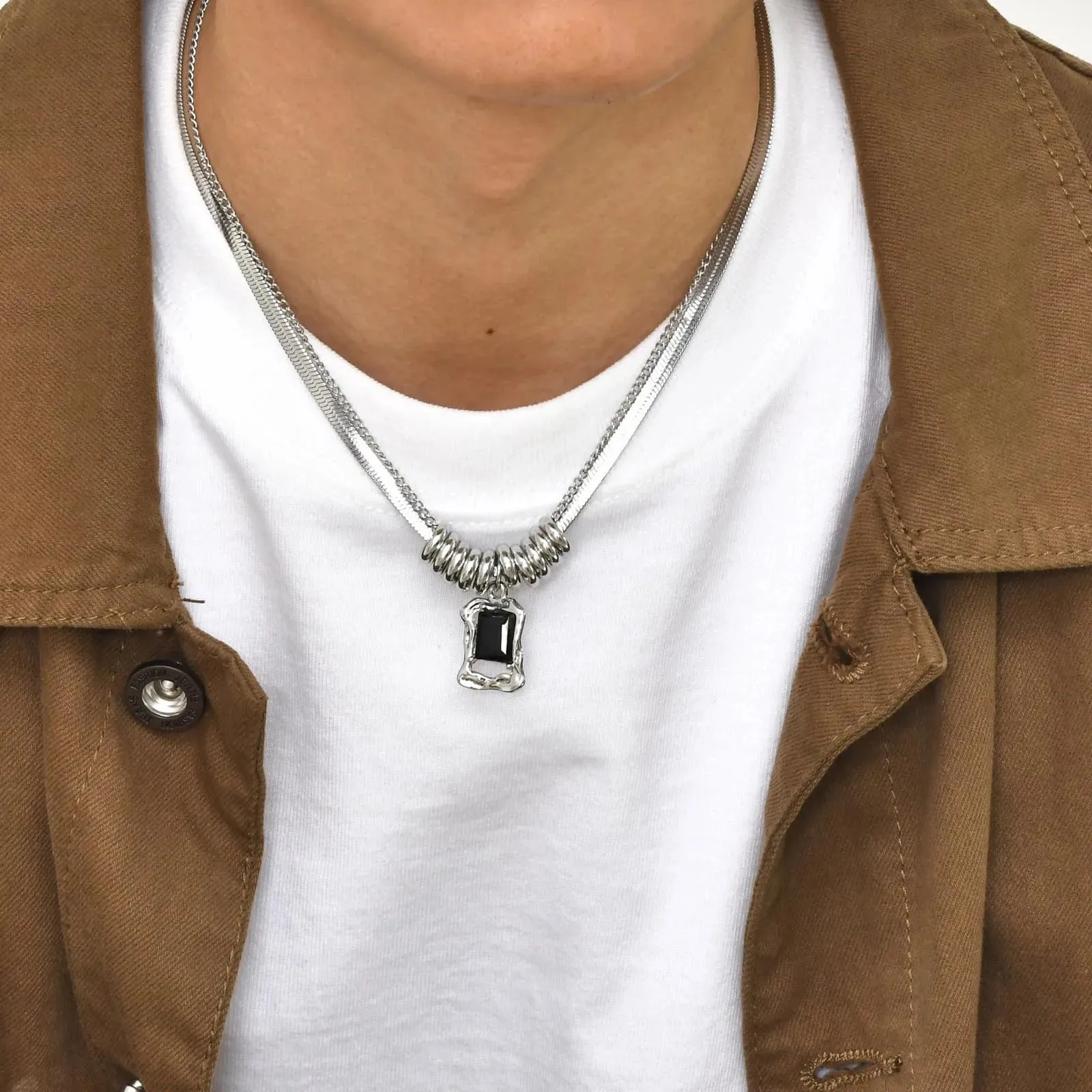 Vnox Unisex Herringbone Chain Necklaces,Men Women Layering Stainless Steel Snake Cuban Chain with Beads Collar,Geometric Pendant