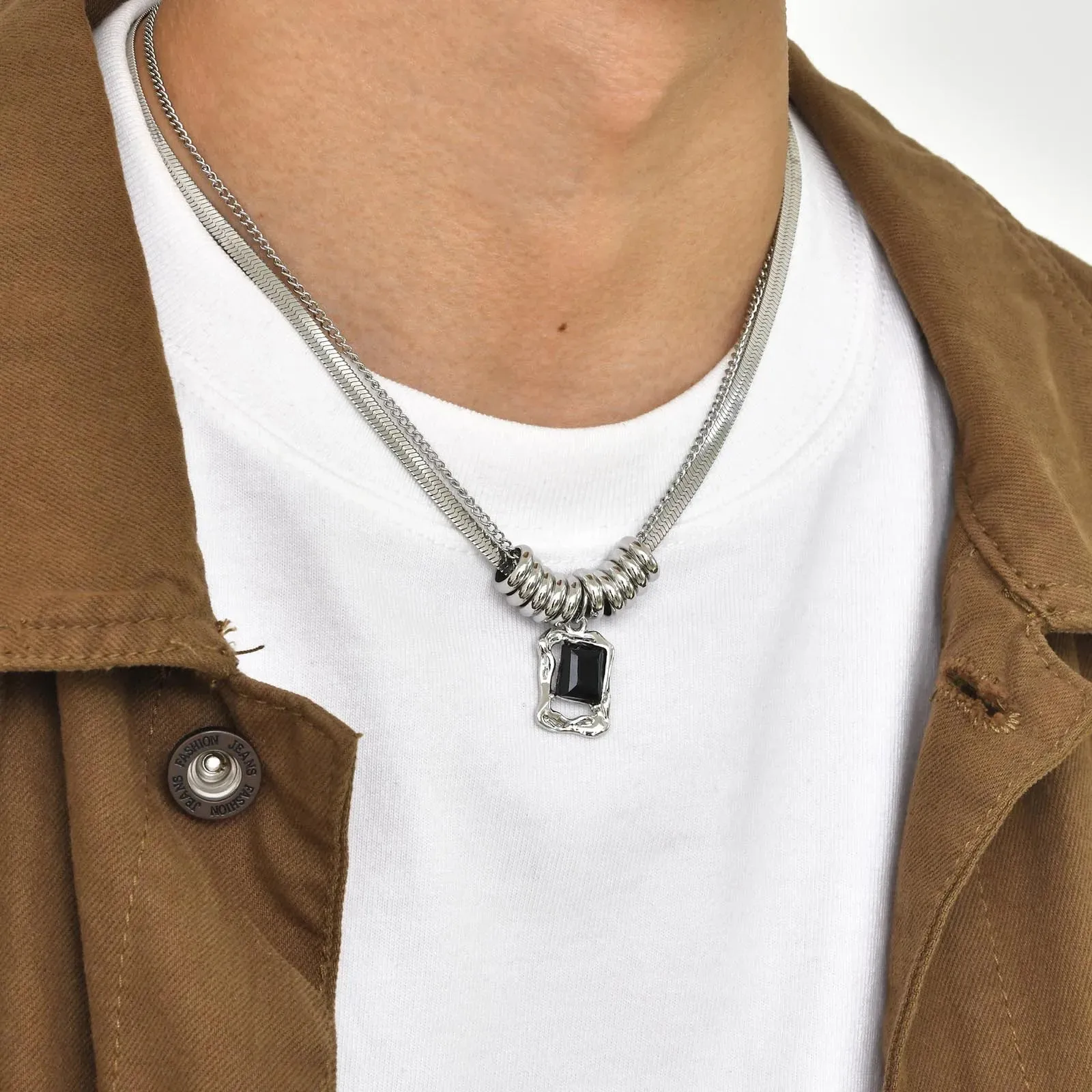 Vnox Unisex Herringbone Chain Necklaces,Men Women Layering Stainless Steel Snake Cuban Chain with Beads Collar,Geometric Pendant