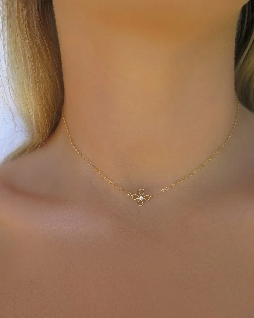 White CZ Flower Necklace  - 14k Yellow Gold Fill