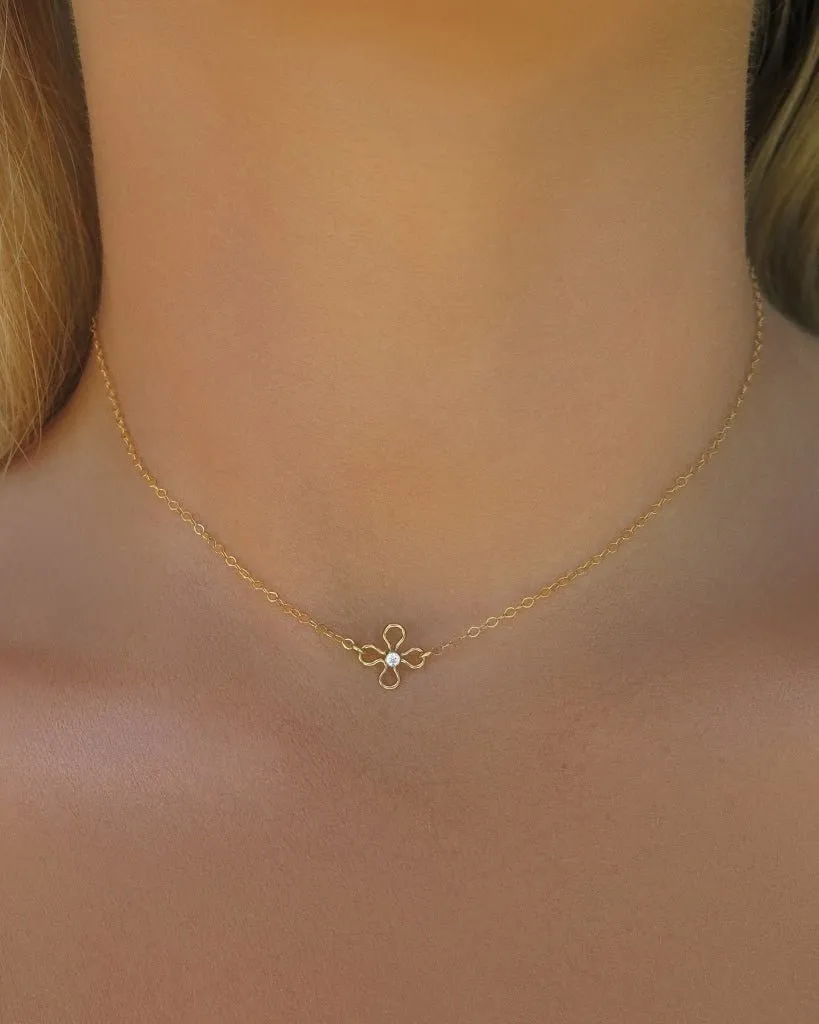 White CZ Flower Necklace  - 14k Yellow Gold Fill