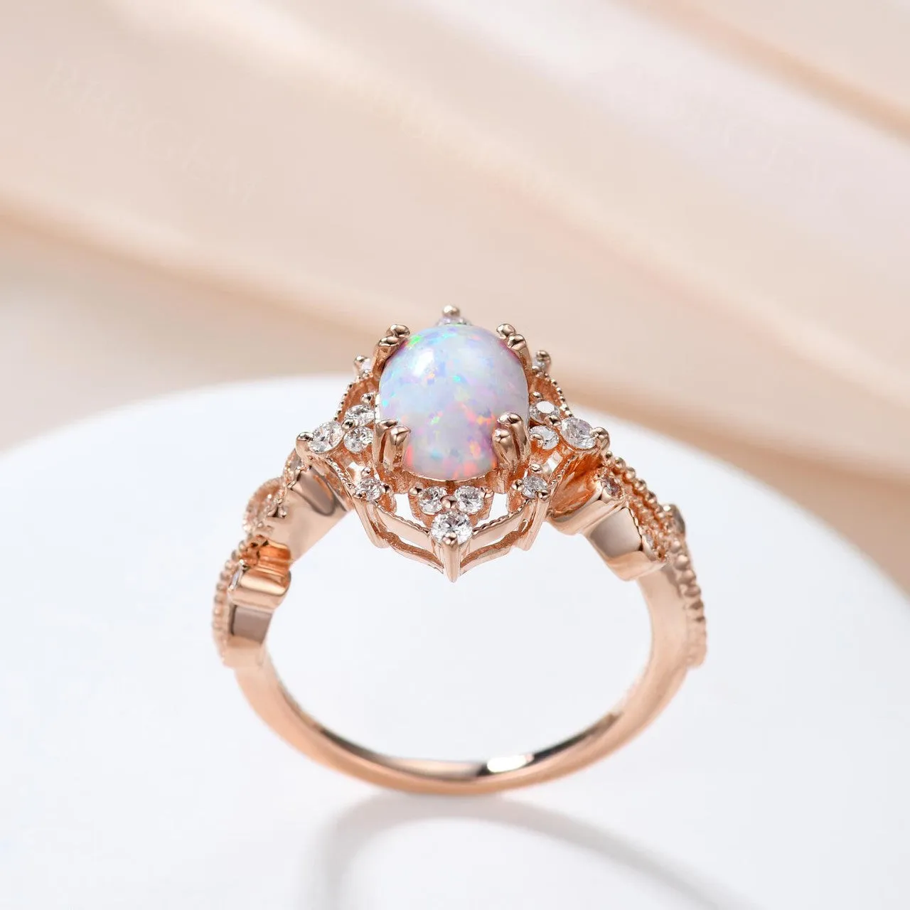 White Opal Ring 14k Yellow Gold Opal Engagement Ring Diamond Wedding Band Filigree Milgrain Bridal Jewelry