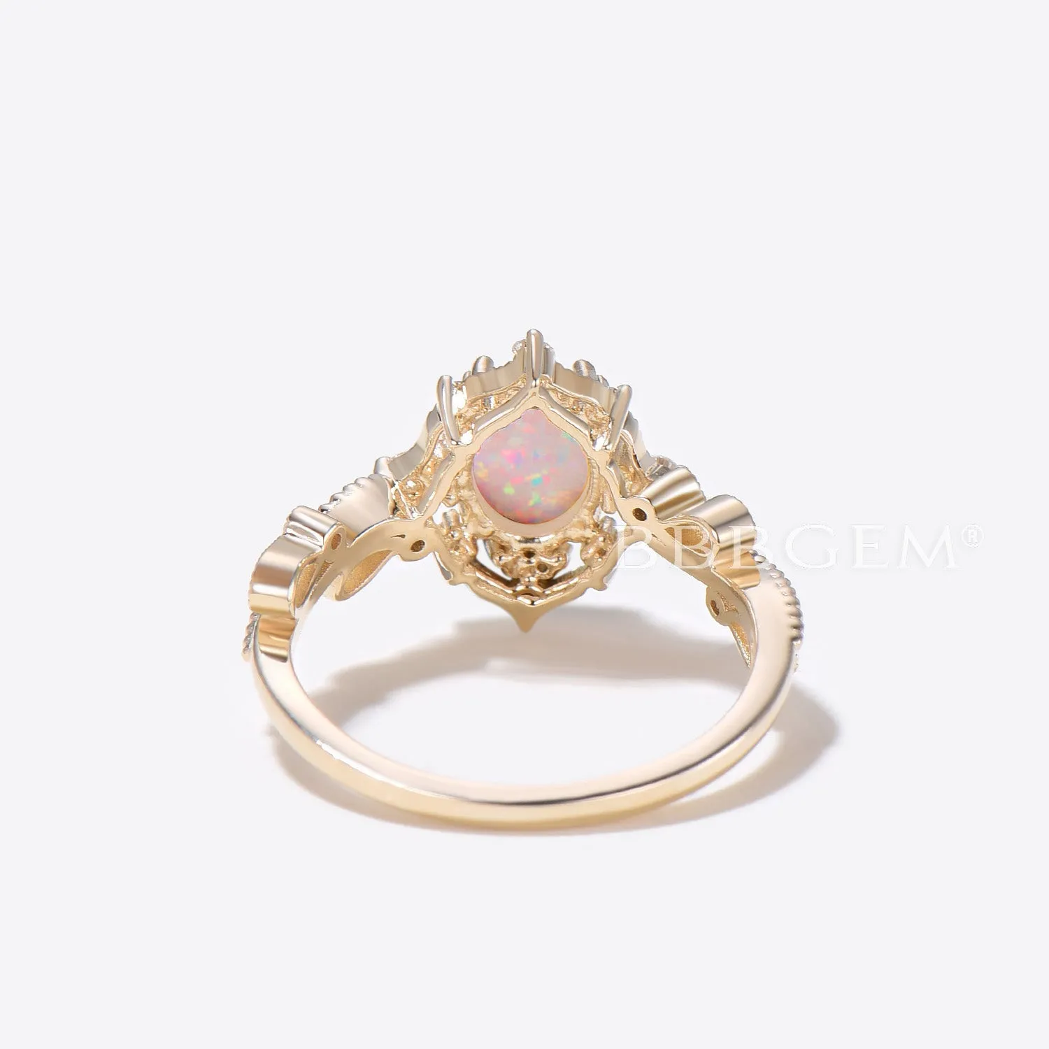 White Opal Ring 14k Yellow Gold Opal Engagement Ring Diamond Wedding Band Filigree Milgrain Bridal Jewelry