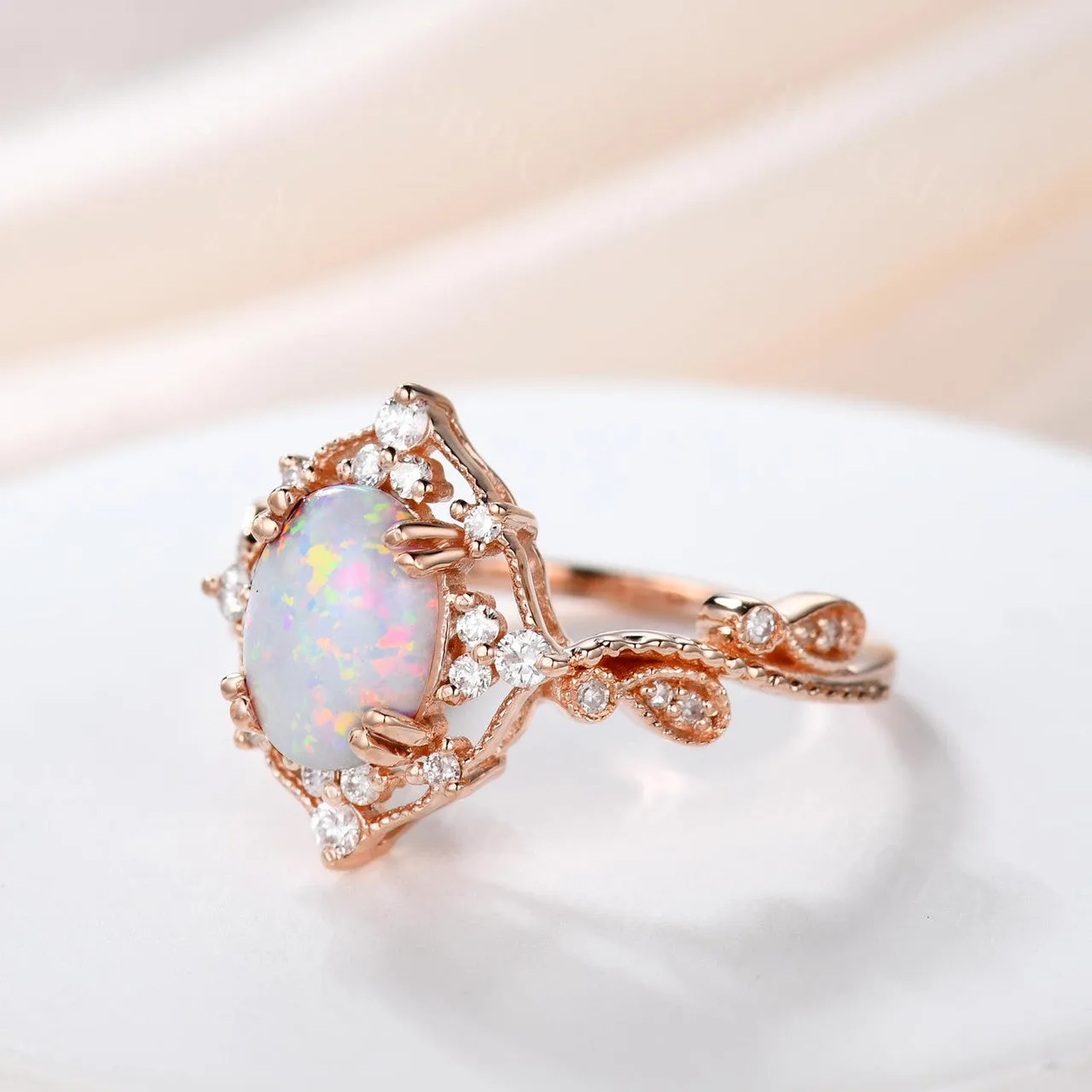 White Opal Ring 14k Yellow Gold Opal Engagement Ring Diamond Wedding Band Filigree Milgrain Bridal Jewelry